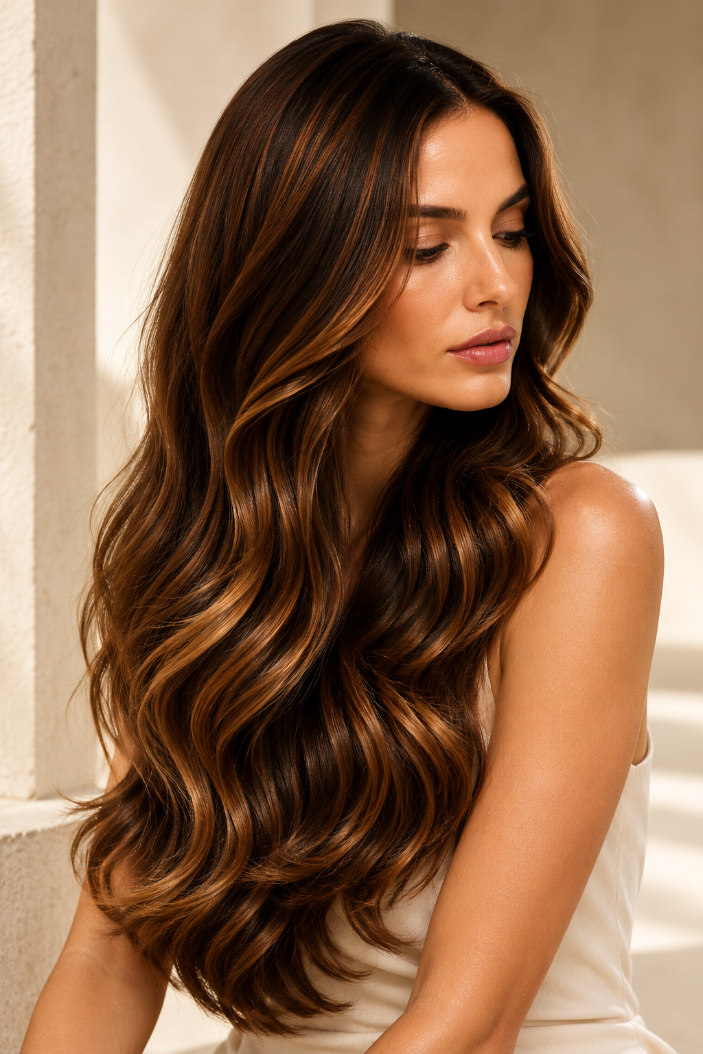 Cabello largo castaño con reflejos cálidos, ritual Reconstructor