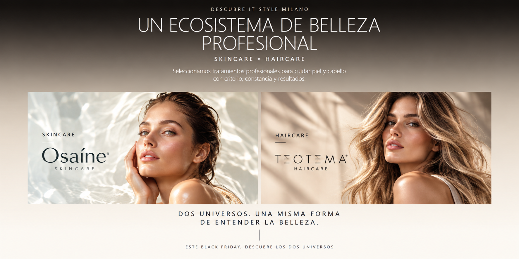 Composición editorial IT Style Milano: ecosistema de belleza profesional Osaíne y TEOTEMA